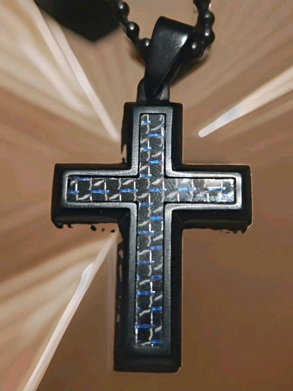 Black / Blue Cross Pendant Necklace with Blue Accent Inlay